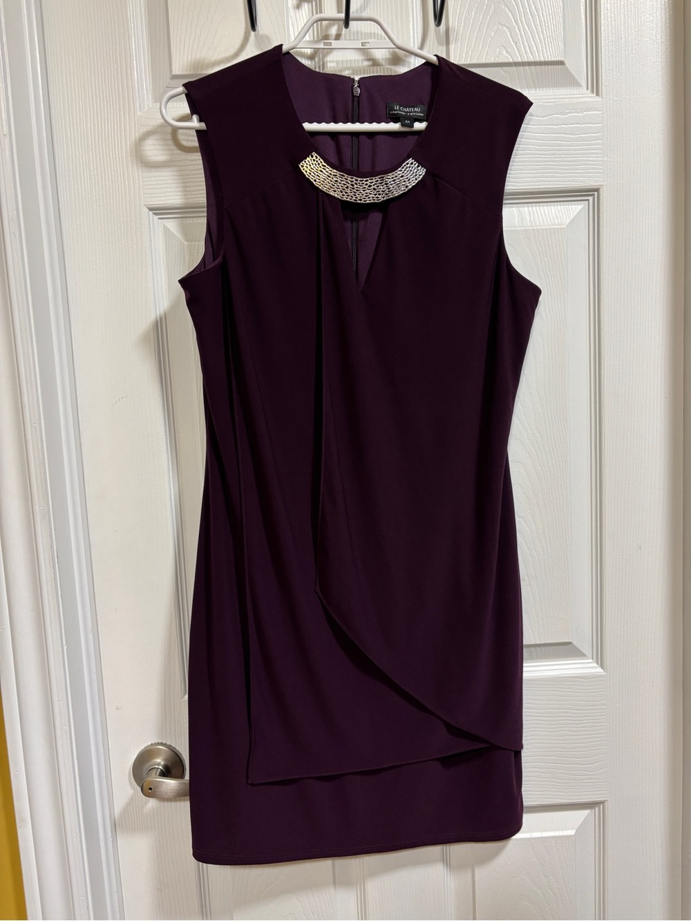 Le Chateau Women's Purple Sleeveless Sheath Dress with Embellished Neckline